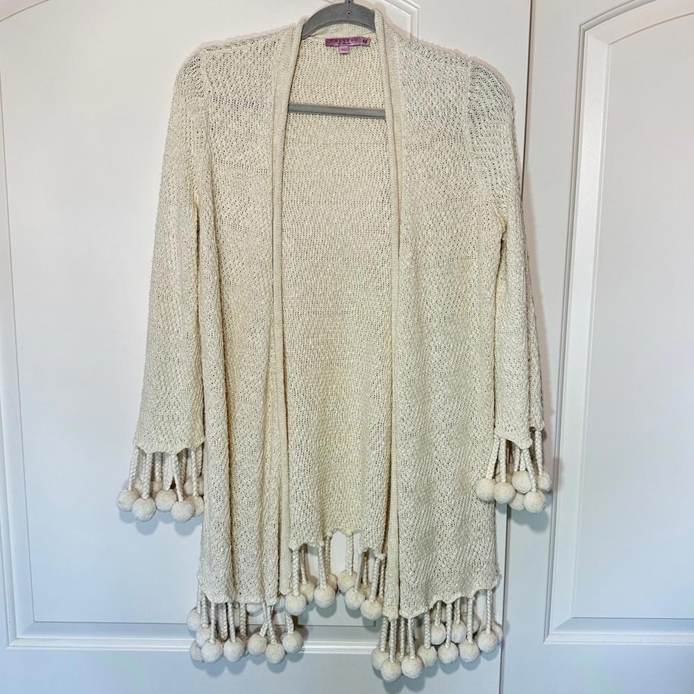 Calypso St. Barth Cream Knit Pom Pom‎ Cardigan Cotton Linen Sweater Lounge XS
